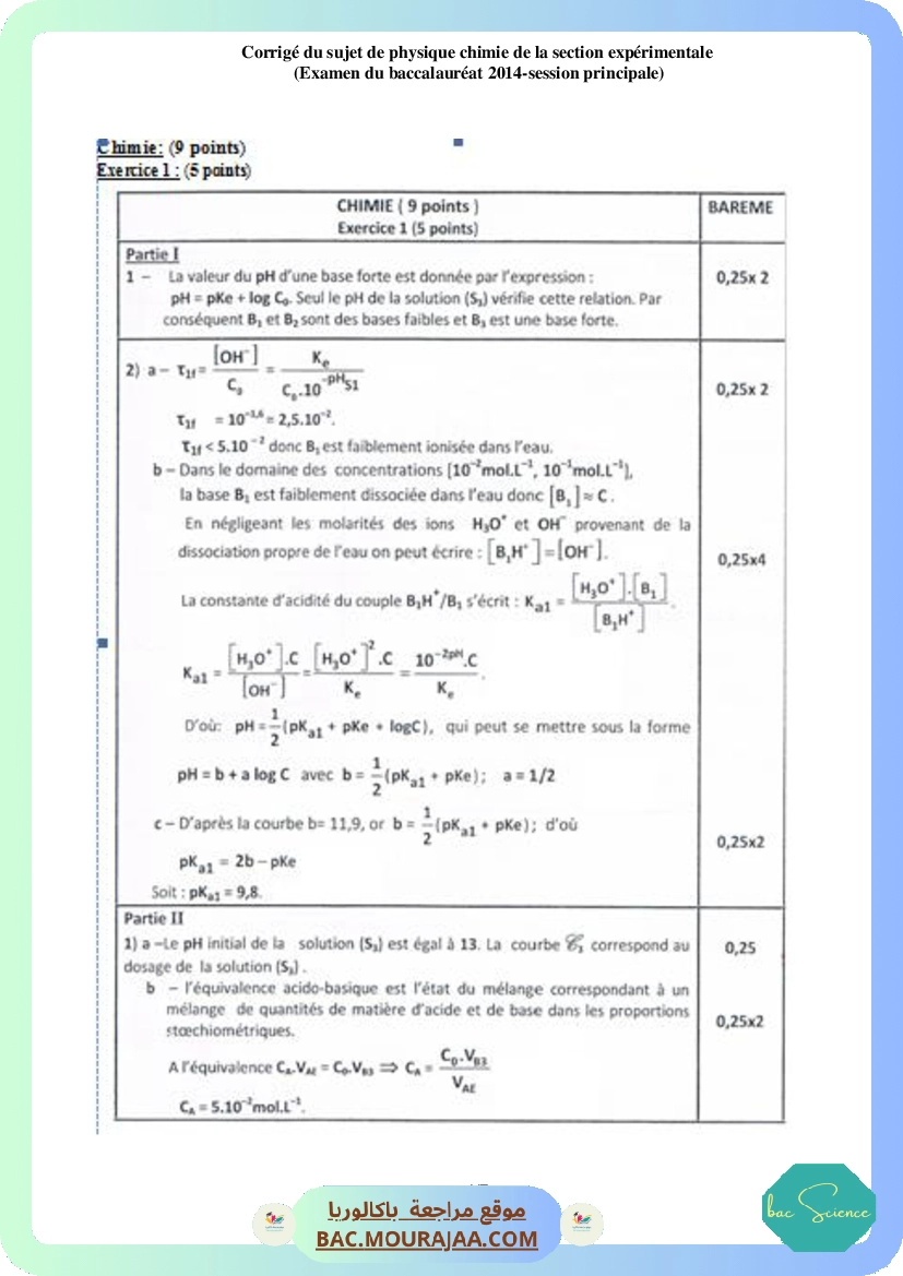 Corrigé principale physique Bac 2014 – Section science